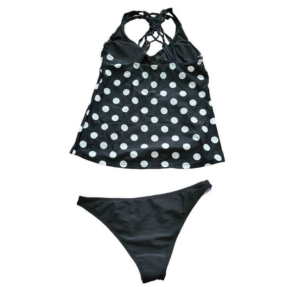 Bikini Tankini Black Polka Dots Braided Color Pop Two Piece Bathing Swim Suit - Picture 6 of 11